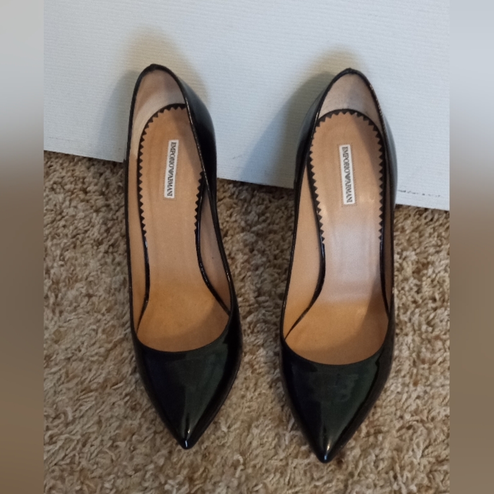 Emporio Armani size 37.5 patent leather black stilettos